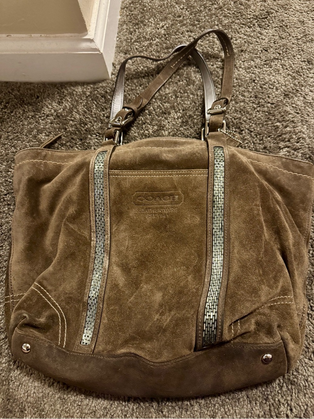 Coach Brown Suede Tote with Silver Trim